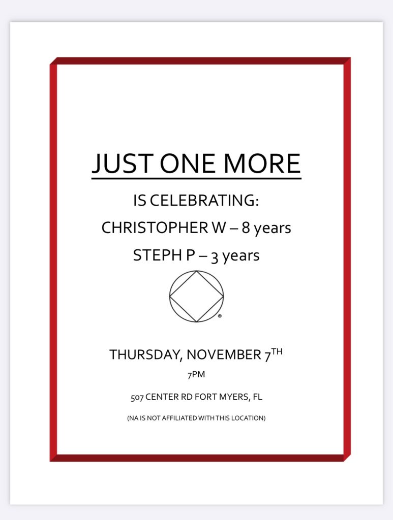 Celebrations - Christopher W: 8 Years, Steph P: 3 Years @ Just One More @ Kimmie's Recovery Zone | Fort Myers | Florida | United States